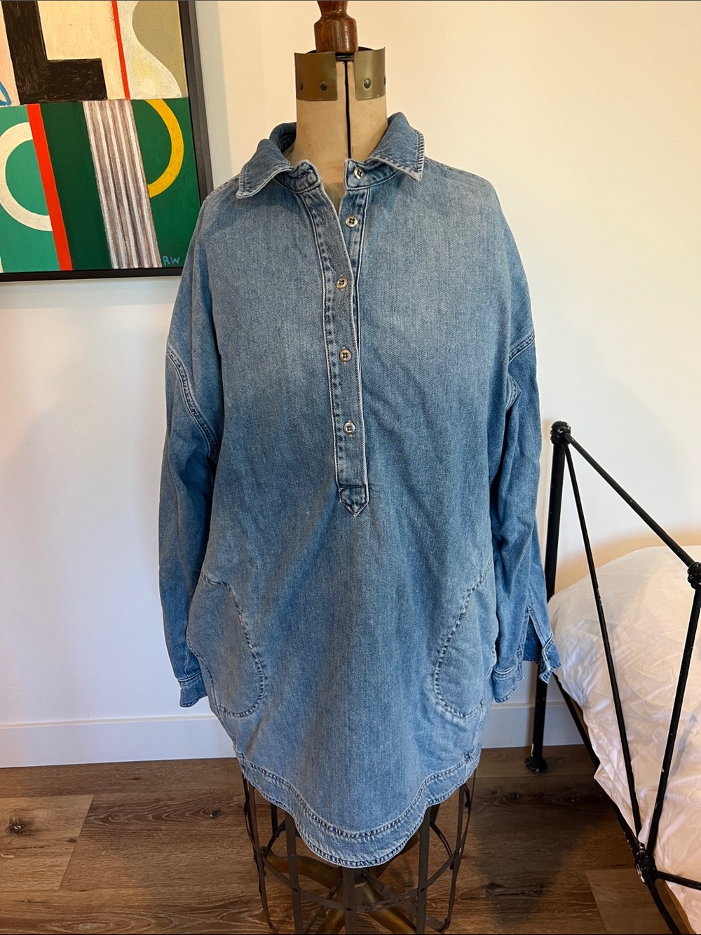 Free People Light Blue Oversized Denim Pullover pockets sz L